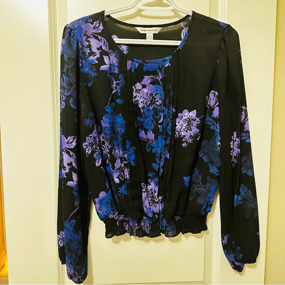 Black & Purple Floral Long Sleeve Blouse – Size S